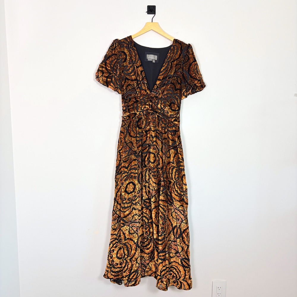Anthropologie Catalina Burnout Velvet Dress Black Gold Paisley V-Neck Maxi Sz 4 - Picture 3 of 13